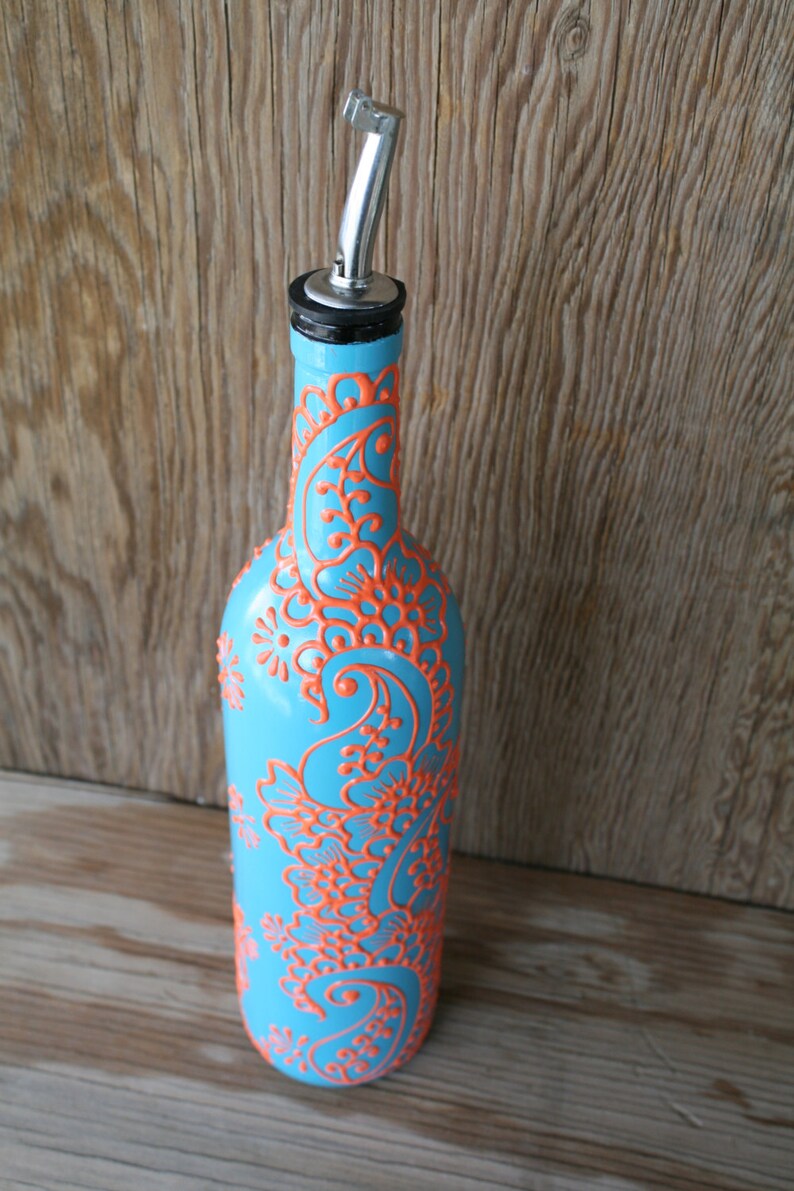 Hand Painted Wine bottle Olive Oil Pourer Turquoise and Coral Etsy