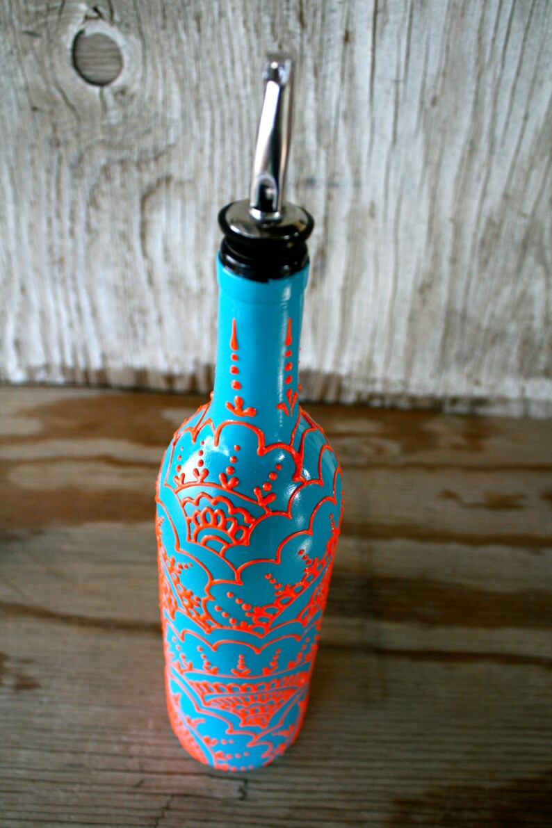 Hand Painted Wine bottle Olive Oil Dispenser Turquoise and ...
