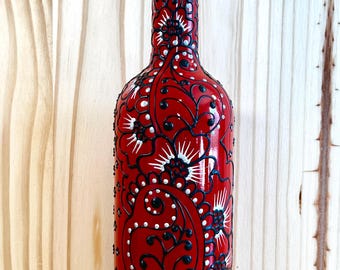 Hand-Painted Red Olive Oil Dispenser with Silver & Black Floral Design | Kitchen Decor