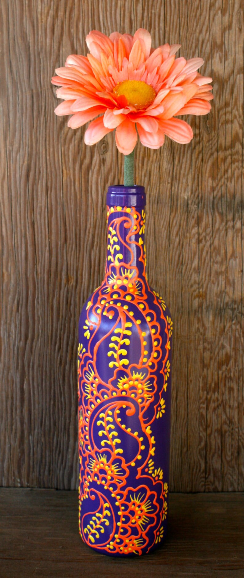 Hand Painted Wine bottle Vase Up Cycled Purple Orange and