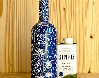 Hand Painted Olive Oil Bottle | Santorini Night Blue, Silver & White | Refillable Glass Dispenser