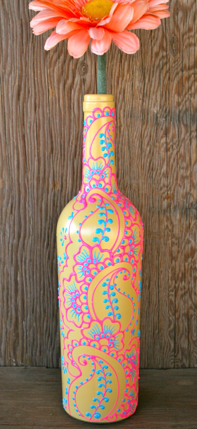 Henna Style Decorative Wine bottle Vase Sunshine Yellow Etsy