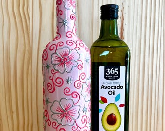 Hand Painted Floral Oil Dispenser, Textured Glass Bottle
