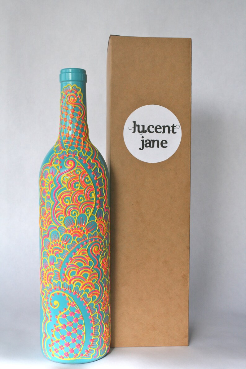 Hand Painted Wine Bottle Vase Turquoise Bottle With Sunshine Etsy