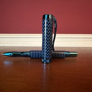 Blue Carbon Fiber Pen | Metallic Rollerball Pen | Blue and Black Zig Zag Pattern | Diamond Knurl Centerband  | Blue Titanium Finish 2369