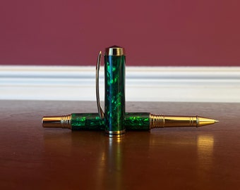 Paua Abalone Shell Rollerball Pen | Emerald Green | Handmade Pen Gift | Gold Titanium Finish | 2068