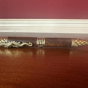 Dragon Pen - Handmade Pen - Tiger Eye Crystal - Antique Brass - Golden Acrylic - Dragon clip - Gift Pen 2015