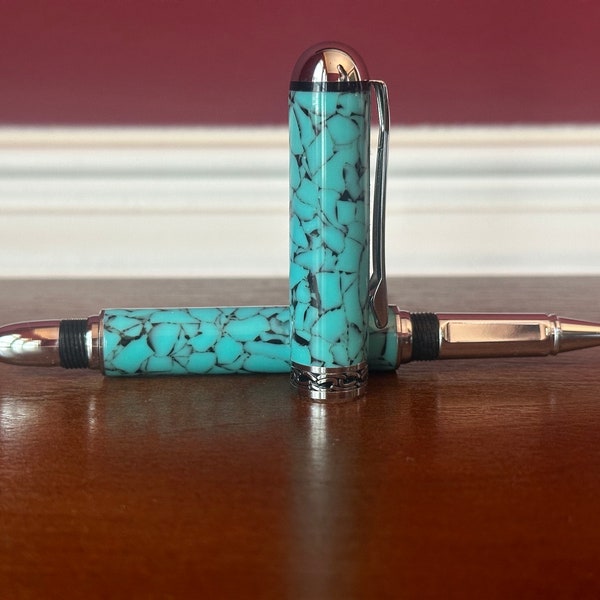 Turquoise Acrylic Handmade Pen  | Chrome Finish | Schmidt Rollerball Refill | Cap Rounded ends -