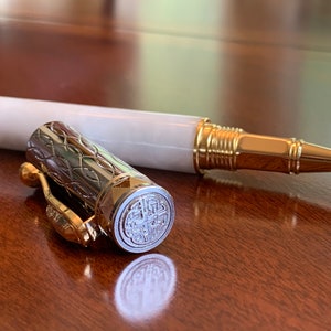 White Pearl Rollerball Pen | Birthday Gift | Aqua Pearl Acrylic | Gold and Chrome finish | Wedding Gift Idea 1750