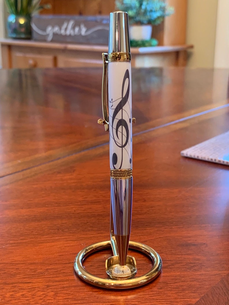 Musician Pen Gift Music Teacher Musical Symbol Clef Note Chrome and Titanium Nitride Gold Finish 1639 image 1