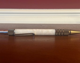 Dura Click Every Day Carry Pen | White Snowball Acrylic | Handmade EDC Pen | Annodized Burnt Bronze Aluminum 6061-T6 | Click Pen 2086