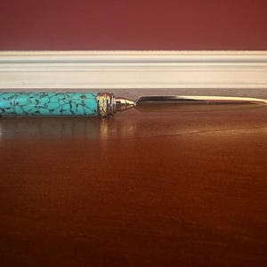 Letter Opener Turquoise | Envelope Cutter | Birthday Day Gift | Chrome Blade | 22k Gold Engraved Band | 1880