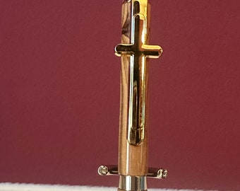 Olive Wood Handmade Pen | Holy Land | Gold Christian Cross Clip | Bethlehem Wood | Baptism Christening Gift | 24k Gold | Handmade 1779