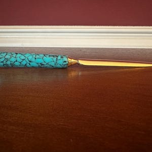 Letter Opener | Envelope Opener | Turquoise Acrylic | Gold Finish Blade | Handmade Gift | Office Desk | Birthday Gift Idea 2356