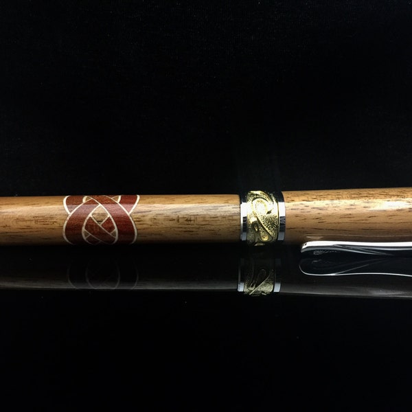 Celtic Knot Rollerball Pen | Wood Closed End Pen Gift  | Mahogany Wood | Bloodwood | Maplewood accents | Rhodium and 22kt Gold | 782