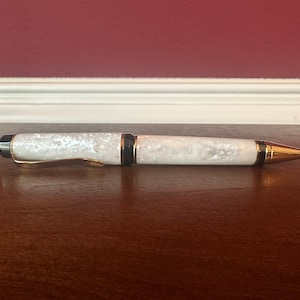 Wedding White Ice Acrylic Pen | Gold Titanium Nitride and Black Accents | Handmade Gift | Twist Open | Parker Style Refill 2011
