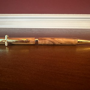 Olive Wood Handmade Pen | Holy Land | Gold Christian Cross Clip | Bethlehem Wood | Baptism Christening Gift | 24k Gold | Handmade 2371
