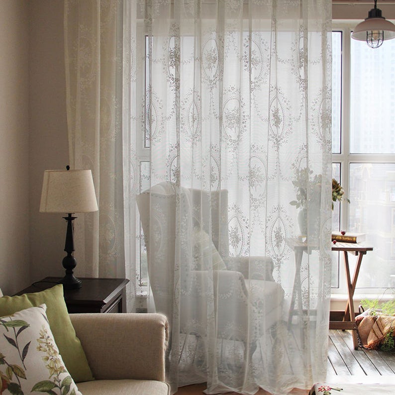 Impresionante shabby chic cuento de hadas cortina blanca transparente, cortina de encaje, cortina plisada de bolsillo / pellizco, cortina imagen 2