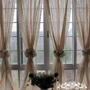 Pair of Shabby Chic Blossom Vine Drawnwork Rod Pocket/Pinch Pleated Creamy Decorative Pull-up Sheer Panels, French Country Style R008-G