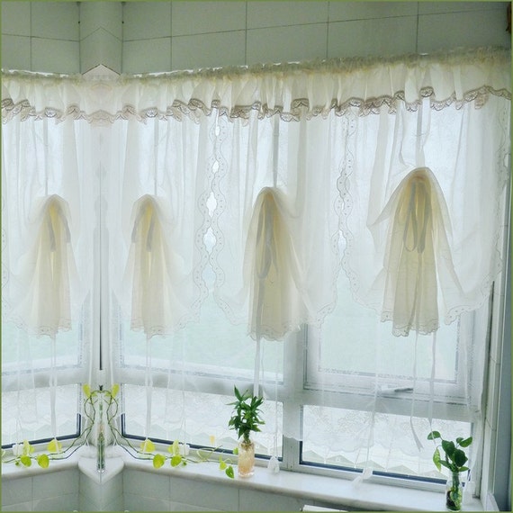 Pair Of Shabby Chic Fixed Valance With Hem Lace Creamy Etsy