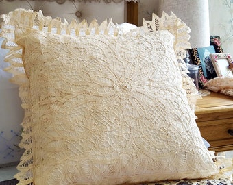 Fine Arts: Shabby Chic Vintage Rustic 100% Cotton Handmade Buttanburg Lace Floral Pattern Cushion Cases, Pillow Shams, White / Natural Beige