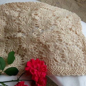 Shabby Chic 100% Hand Crochet Cotton Ivory White Square Pillow Shams, Cushion Cases