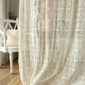 Shabby Chic Rustic 100% Cotton Simulated Crochet Diamond Pattern Curtain Drape, Drapery Curtain, Rod Pocket / Pinch Pleated