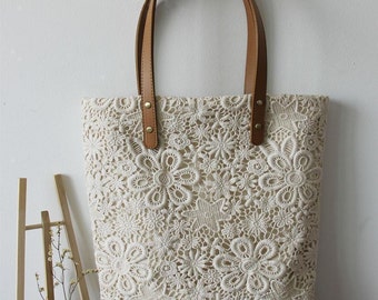Bridesmaid Gift: Handmade Shabby Chic Cotton Wedding Bag, Lace Bag, Lace Tote, Vintage Style, Ivory/Off White, Made to Order, L021