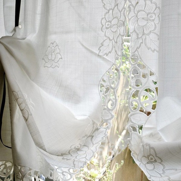 Pair of Shabby Chic White Peony Blossom Drawnwork Rod Pocket/Pinch Pleated Decorative Pull-up Sheer Panels, French Country