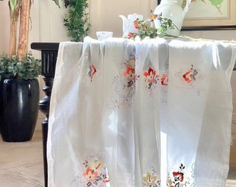 Fine Arts Shabby Chic Vintage Hand Embroidered Colored Floral White Cotton Glass Sheer Tablecloth, Curtain Multipurpose Cover, Bed Cover