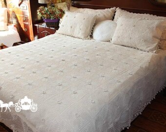 Shabby Chic British Crochet Cotton Bed Set - Pillow Shams + Bedspread /Bed Cover, Linens, Quilt,  US Queen Size, BC003