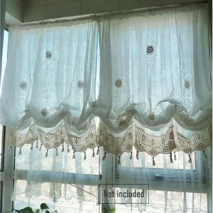 Shabby Chic Drawnwork Balloon Curtain, Pull-up Curtain, Crochet Lace Trim, French Pinch Pleat Drape, Drapery R002