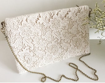 Bridesmaid Gift: Handmade Shabby Chic Cotton Wedding Bag, Lace Bag, Cross Shoulder Bag, Vintage Style, Ivory/Off White, Made to Order, L002