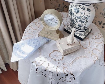 Shabby Chic Vintage Heavy Work Fine Art Hand Embroidered White Cotton Tablecloth, Curtain Multipurpose Cover, Bed Cover