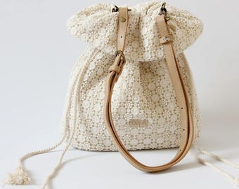 Bridesmaid Gift: Handmade Shabby Chic Chic Cotton Wedding Bag, Lace Bag, Cross Body Bag, Shoulder Bag, Ivory/Off White, Made to Order, L123