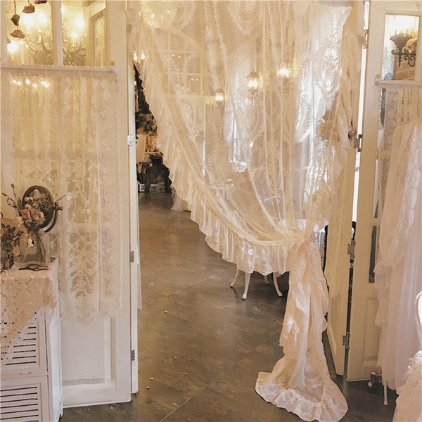 Rococo shabby chic conte de fées - Rideau transparent à volants délicats, rideau à volants, rideau en dentelle, passe-tringle/plissure de draperie, drapé