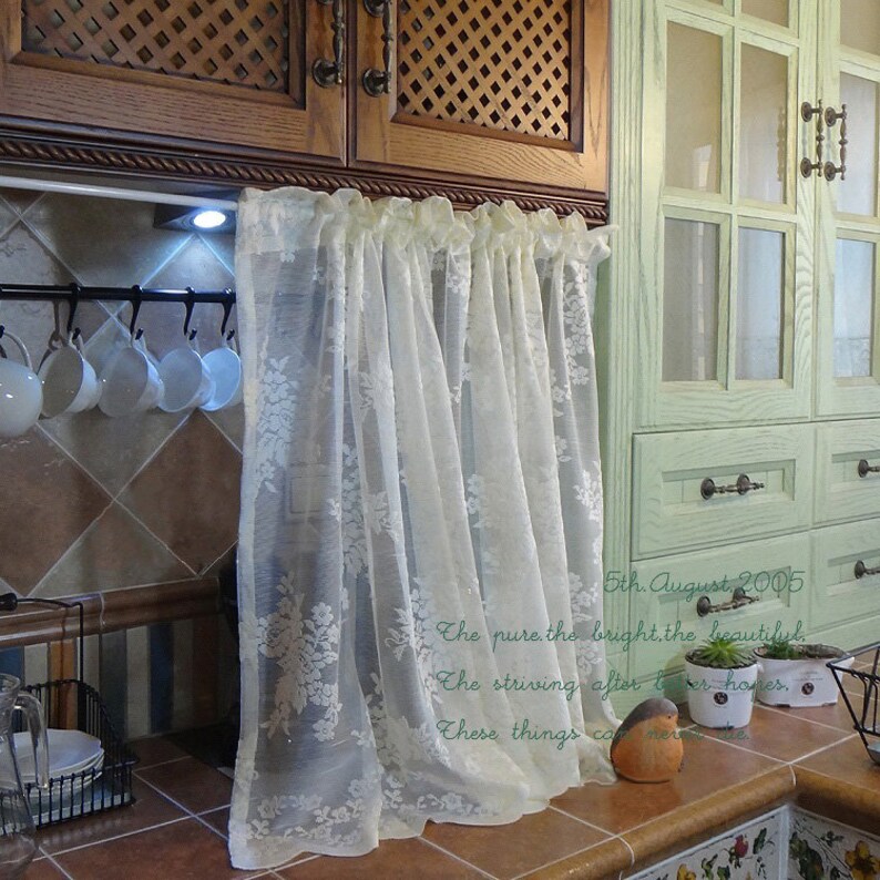 Pair Of Shabby Chic French Country Style Fairy Tale Light Yellow Not White Rod Pocket Rose Lace Sheer Cafe Curtains Kitchen