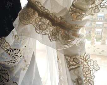 Made to Order: My Fair Lady Shabby Chic Handmade Vintage Classic Ivory Rose Lace Sheer Curtain Ties