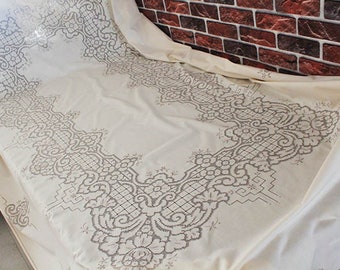 Fine Arts Shabby Chic Vintage Heavy Work Hand Lace Tie and Embroidered  Natural Cotton Tablecloth, Curtain Multipurpose Cover, Bed Cover