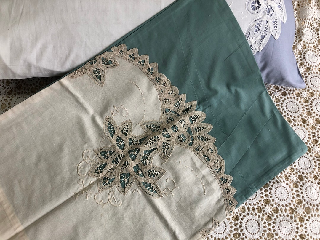 Sale Pair of Handmade Lace Pillow Shams, Hand Embroidery With