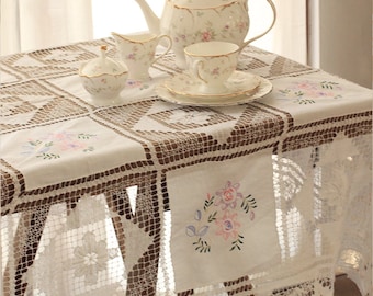 Shabby Chic Vintage British Cottage Rustic  Cotton and  Hand Made Lace Table Cloth, Throw, Curtain