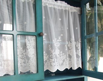 Made to Order Shabby Chic French Country Rustic Farmhouse Fairytale Vintage White Rod Pocket Rose Lace Sheer Café Curtain, Kitchen Curtain