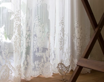 Shabby Chic Fairy Tale Vintage British Rustic Idyllic Milk White Strip Rose Bottom Lace Curtain, Sheer Curtain, Shear Curtain