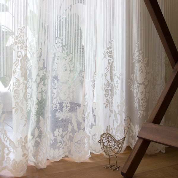 Shabby Chic Fairy Tale vintage British Rustic Idyllic Milk White Strip Rose Bottom Lace Curtain, Sheer Curtain, Shear Curtain