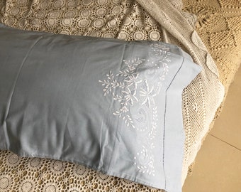 A Pair of Shabby Chic Vintage Rustic Cottage Light Dusty Blue 100% Cotton Hand Embroidery Pillow Cases/ Pillow Shames, Standard Size