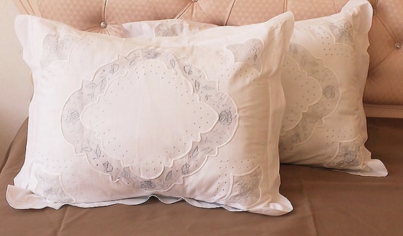 A Pair of Shabby Chic Cottage Rustic Cotton Embroidery Lace Pillow Shams, Pillow Slips, Standard and King Size A Pair of Shabby Chic Cottage Rustic Cotton Embroidery Lace Pillow Shams, Pillow Slips, Standard and King Size