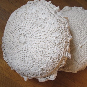 Shabby Chic 100% Hand Crochet Cotton Ivory/Off-White Round Pillow Shams, Cushion Cases