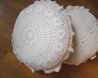 Shabby Chic 100% Hand Crochet Cotton Ivory/Off-White Round Pillow Shams, Cushion Cases