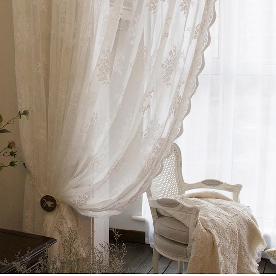 Floral White Sheer Lace Curtains for Living Room Shabby Chic Lace Panel  Curtains Rod Pocket Short Sheer Curtains 