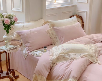 High Profile French Country Shabby Chic Vintage Style Romantic Pink Shabby Chic 100 Thread Lace Cotton Duvet Cover, Bed Set Queen Size